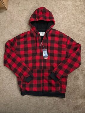 Big Ball Sports Men's L Brown Plaid Sherpa Lined Full Zip Hooded Jacket NWT